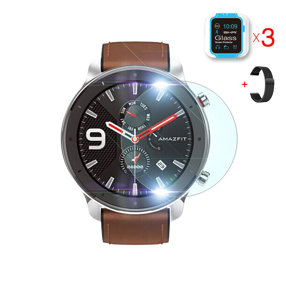 Xiaomi Amazfit GTR 47 mm okosóra üvegfólia és fekete fém szíj Xiaomi Amazfit GTR 47 mm okosóra üvegfólia és fekete fém szíj