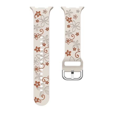 Samsung Galaxy Watch 8 gravírozott stílusú virág mintás bújtatos szilikon szíj bézs-barna 2