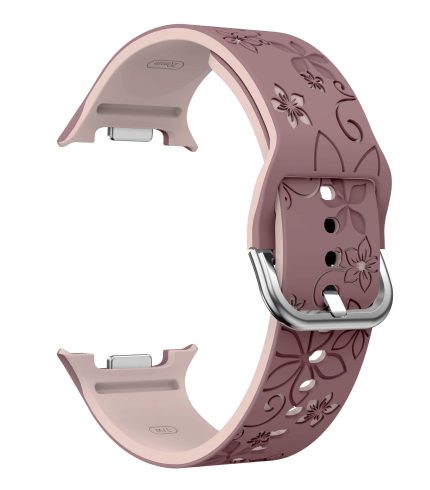 Samsung Galaxy Watch 8 gravírozott stílusú virág mintás bújtatos szilikon szíj füstös lila-púderrózsaszín 1