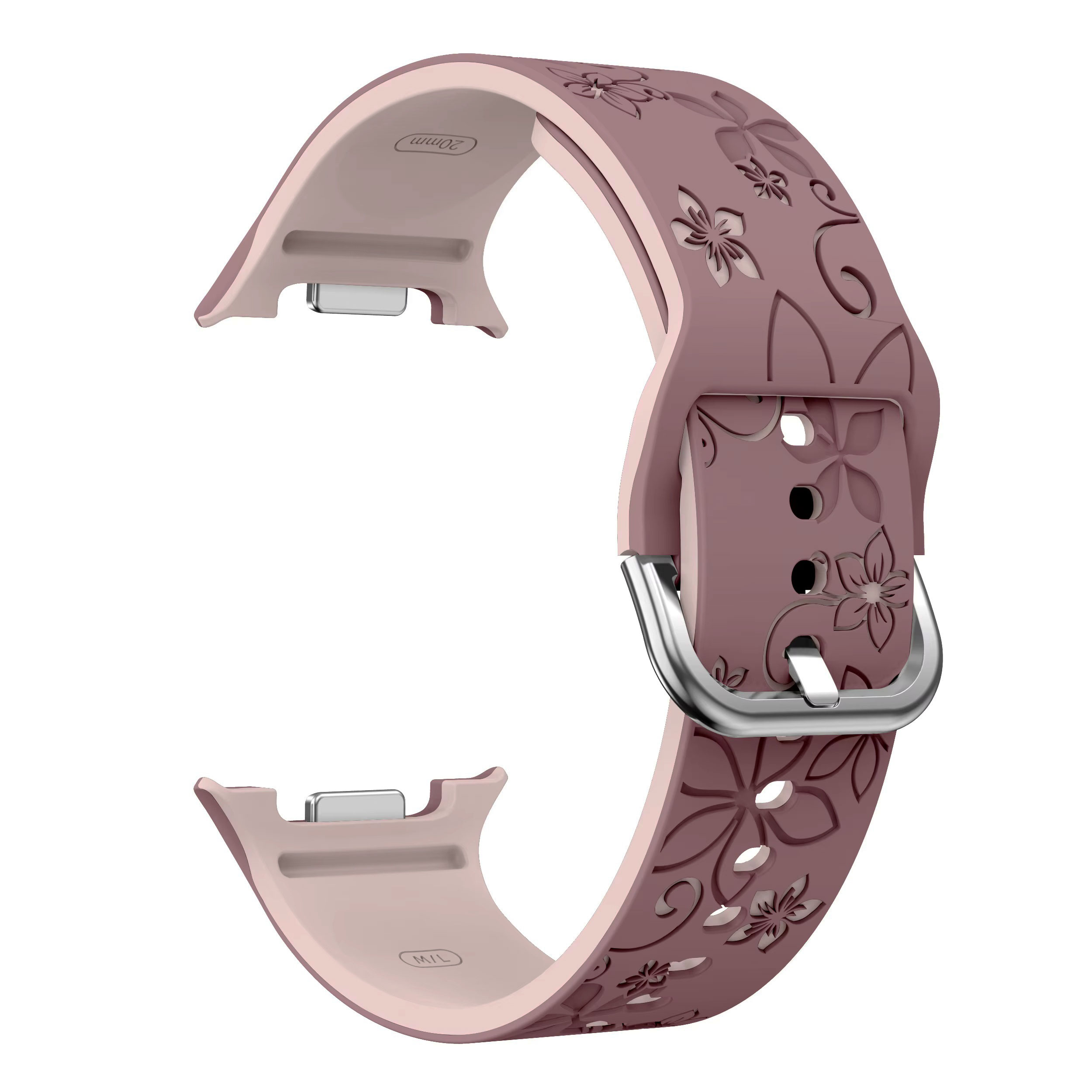 Samsung Galaxy Watch 8 gravírozott stílusú virág mintás bújtatos szilikon szíj füstös lila-púderrózsaszín 1 Samsung Galaxy Watch 8 gravírozott stílusú virág mintás bújtatos szilikon szíj füstös lila-púderrózsaszín 1